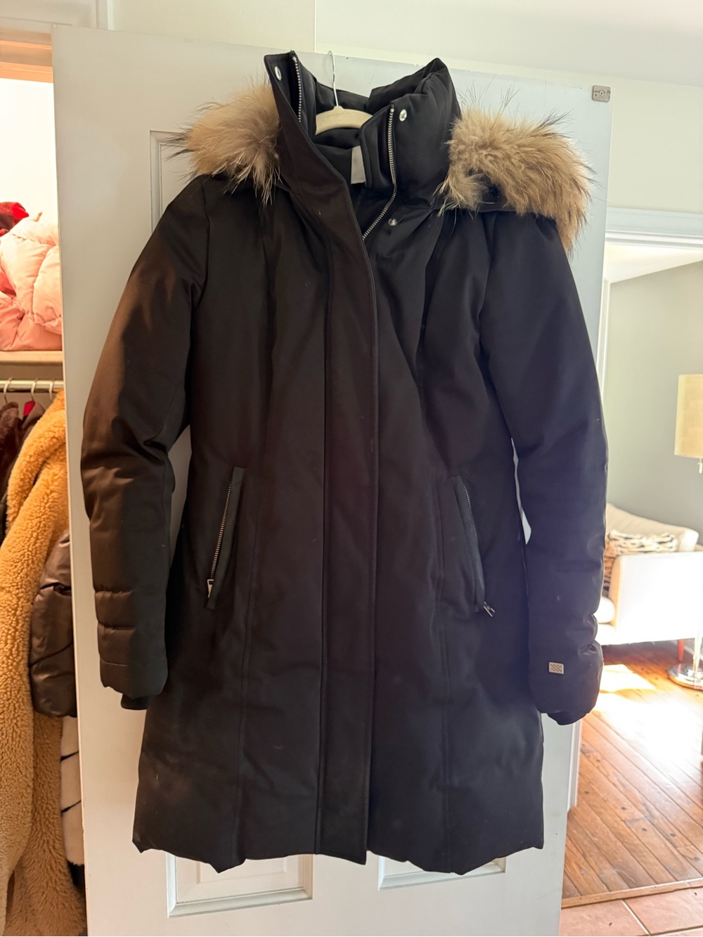 SOIA & KYO Black Down Parka Fur Trim Hood Luxury Winter Coat S/P